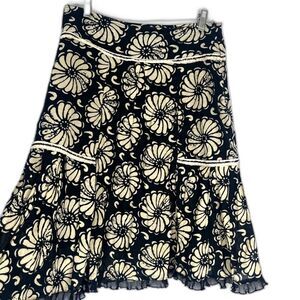 Cloche Black Cream Floral Print 100% Cotton Aline Tiered Lined Skirt Size 40/MD